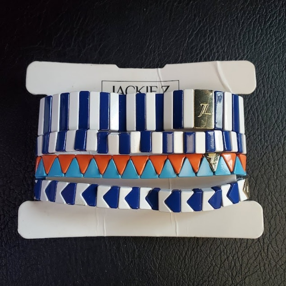 Jackie Z Zstack Enamel Tile Stretch Bracelet Set 4 Blue White Orange Geometric